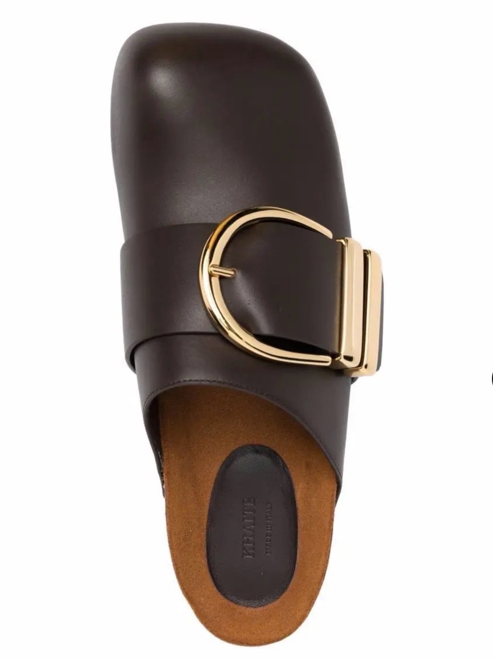 KHAITE Dark Brown Leather Mule with Oversized Gold Buckle